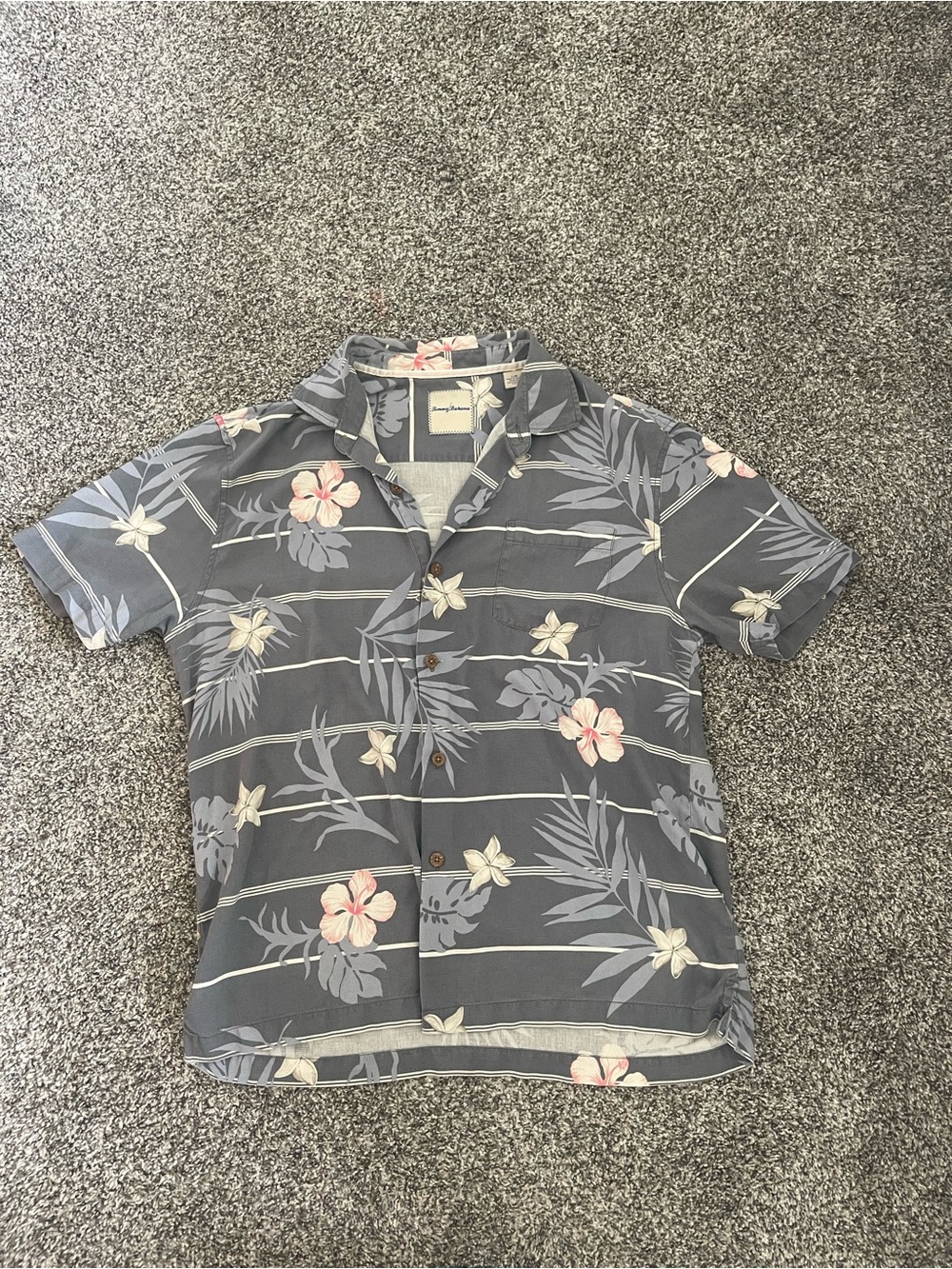 Tommy Bahama Blue/Gray Floral Short-Sleeve Camp Shirt with Pink Accents